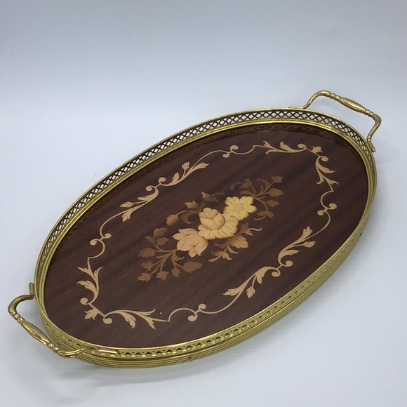 Italian Wood Inlay Oval Serving Tray - Picture 1 of 10